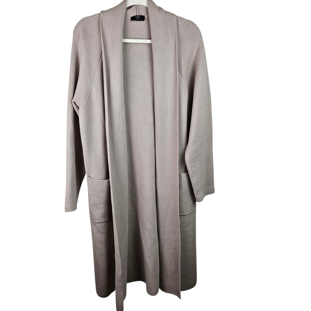Tahari Womens Knit Duster Cardigan Open Front Pockets Long Sleeve Taupe Medium‎